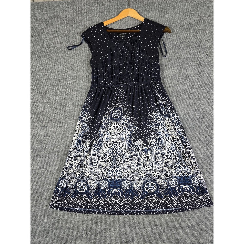 Perceptions Petite Navy Blue Polka Dot Floral Print Fit Flare Dress